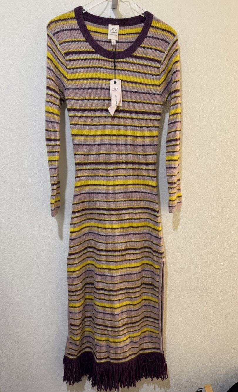 Cinq à Sept Women's Purple Striped Knit Fringe Sloane Sweater Dress Size XL